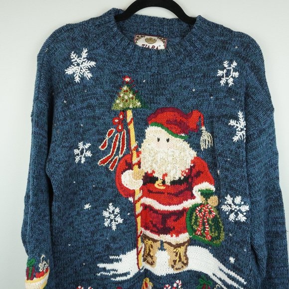 Vintage Tiara International Blue Crew Neck Embroidered Santa Sweater Size Medium - Picture 2 of 7